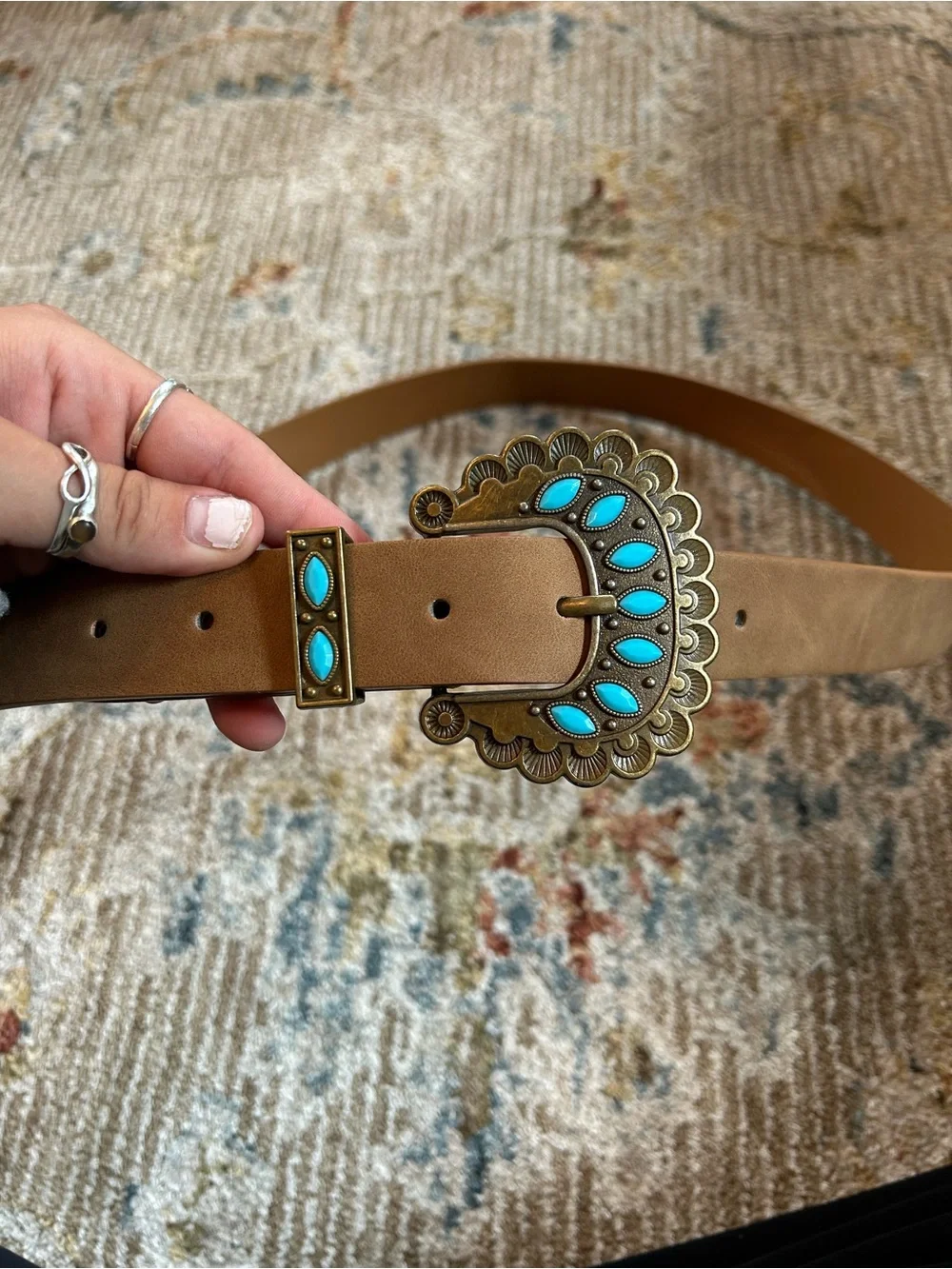 Brown Leather-Style Belt with Turquoise Accent Buckle - Women Accessories